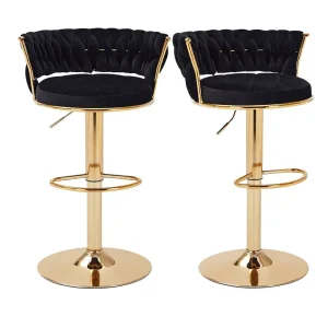 Commercial Use Adjustable Velvet Bar Stools Back Arms Set 2 Gold Metal Legs 360 Swivel Counter Height Kitchen Island