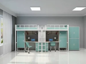 Commercial Use Modern Design School Dormitory Loft Bunk Bed Full Size Metal Frame Stairs Wardrobe Desk Chair Student Teacher