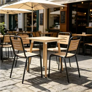 Commercial Wood Grain Transfer Dining Table Chair Set Stackable Metal Furniture for Cafe Bistro Indoor Outdoor