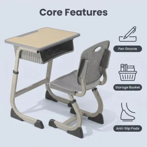Compact C shaped Desktop Ergonomic School Furniture College Study Student Desk and Chair Set