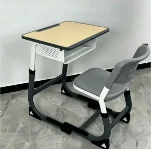 Compact Foldable Metal School Study Set for Home Office & Living Room with Student Desk and Adjustable Height Chairs