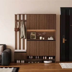 Compact Living Room Dining Entry Storage Bench Shoe Rack Coat Hooks LED Display Shelf Modern Eco Friendly Wooden Hall Tree