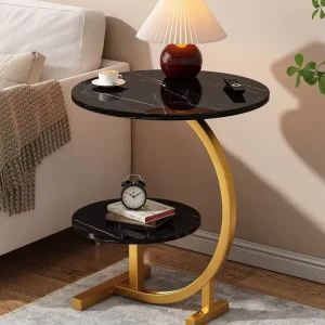 Compact Modern Side Table with Sintered Stone Top and Curved Metal Leg