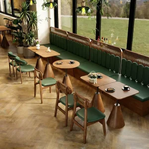 Complete Vintage Rattan Cafe Furniture Set Rattan Leather Booth Sofa and Solid Wood Table Chair Set