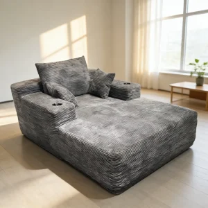 Compressible Modern Sectional Lounge Sofa Gray Linen Upholstered Built in Cup Holders Pillows Multifunctional Villa School