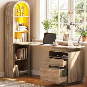 Computer Desk LED Lights Power Outlets USB Ports Bookshelf File Drawer Space Saving Eco Friendly Design for Home Office Gaming