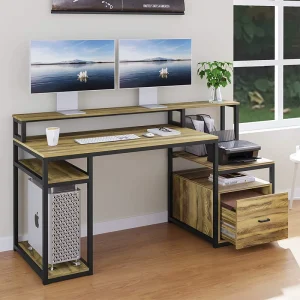 Computer Desk with Drawer and Storage Shelves Large Home Office Desk with Hutch and Printer Cabinet
