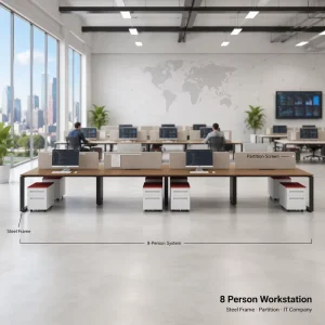 Computer Office Desk Workstation 8 Person With Partition And Steel Frame For IT Company