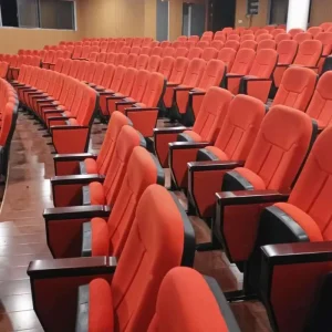 Concert Assembly Hall Foldable Church Used Auditorium Chairs Wooden Armrest Fabric Auditorium Seating With Writing Tablet