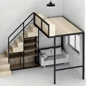 Condo Furniture Multi Functional Staircase Shelves Black Steel Metal Frame High Loft Queen Bed with Sofa