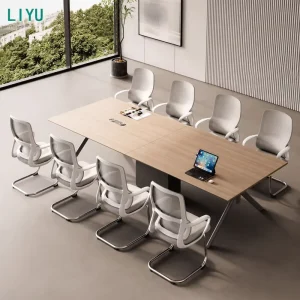 Conference Table Set with 8 White Sled Base Chairs Light Oak Wood Boardroom Meeting Table Office Furniture