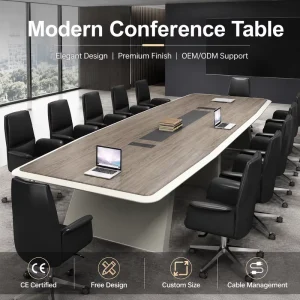 Conference Table with Central Wire Management Groove Large Capacity Meeting Desk for Corporate Office Multi-Person Meeting Room