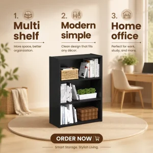 Contemporary 3 Tier Engineered Wood Bookshelf Storage Shelves 9.7×23.7×31.5cm for Living Room Bedroom Home Office