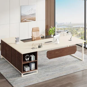 Contemporary 70.8 Inch Executive L Shaped Computer Desk with Storage Cabinet and Shelves Wood Metal for Home Office