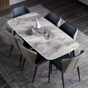 Contemporary Bright Sintered Stone Dining Table Set for 6 Seats with Bullnose Square Edge Home Villa Hotel Dining Room Furniture