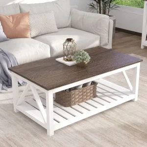 Contemporary Coffee Table with Lower Storage Shelf Rustic Wooden Top For Living Room