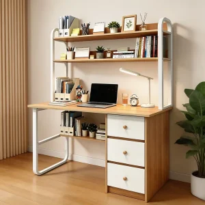 Contemporary Computer Table with Bookshelf and Drawer Cabinet Space Saving Study Desk