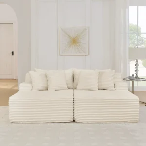 Contemporary Corduroy Modular Sofa White Upholstered Double Chaise Sectional for Villa