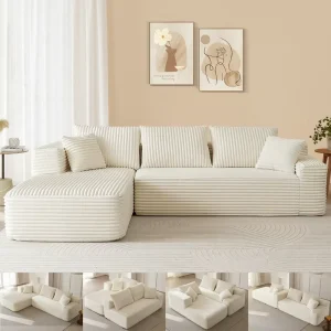 Contemporary Corduroy Modular Sofa White Upholstered L Shape Couch for Villa Living Room