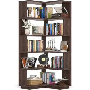 Contemporary Corner Bookshelf 5-Tier Etagere Shelf Space-Saving Storage Living Room Home Office Black Walnut Versatile