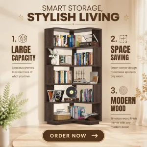 Contemporary Corner Bookshelf 5 Tier Etagere Shelf Space Saving Storage for Living Room & Home Office Black Walnut