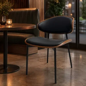 Contemporary Dining Chairs with PU Leather Seat Faux Wood Shell Black Metal Legs for Cafe Restaurant Projects OEM ODM Bulk