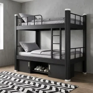 Contemporary Full Over Full Space Saving Heavy Duty Metal Steel Double Deck Bunk Bed Frame with Storage Stairs for Dormitory