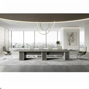 Contemporary Gray Wood Veneer Conference Table with Triple Pedestal Support Durable Eco Friendly 16 Seater for Living Room