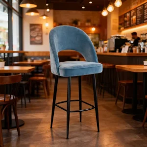 Contemporary Industrial Bar Stool Velvet Upholstered Golden Yellow Sturdy Black Metal Legs Comfortable Seating Living Room