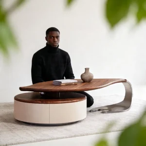 Contemporary Irregular Walnut Wood Top with Round Storage Base Metal Support for Home Living Room Coffee Table