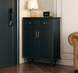 Contemporary Modern European Black Shoe Cabinet 2 Drawers 2 Doors Gold Knobs Handles Eco-Friendly Durable Wood Finish