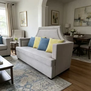 Contemporary Modern Formal Sitting Area Furniture Light Grey Hotel Wood Frame Fabric Upholstered High Wing Back Sofa for Living