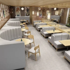 Contemporary Modern Restaurant Furniture Commercial Coffee Shop Cafe Booth Seating And Tables With Wood Panel Design