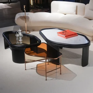 Contemporary Organic Shaped Coffee Table Black Wood with Marble Glass Top for Living Room