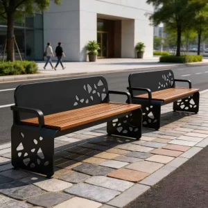 Contemporary Outdoor Seating Bench Sleek Black Metal Frame with Artistic Cutouts Warm Wood Seating with Backrest for Urban Parks