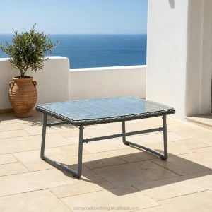 Contemporary Rattan Coffee Table with Aluminium Frame and Tempered Glass Top for Outdoor Hotel Courtyard Use