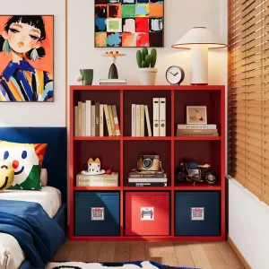Contemporary Red Metal TV Stand for Bedroom and Living Room Steel Grid Cabinet