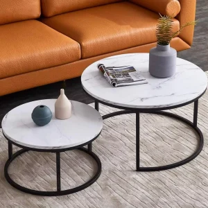 Contemporary Round Nesting Coffee Table Set 3 Piece Black Gold Metal Side Glass Marble MDF Wooden Tea Coffee Table Center Table