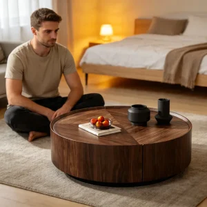 Contemporary Round Solid Walnut Wood Top with Rotating Storage Drawers for Home Living Room Coffee Table