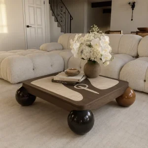 Contemporary Rounded Marble Top Coffee Table Wood Frame Modern Luxury Design Eco Friendly Living Room Furniture