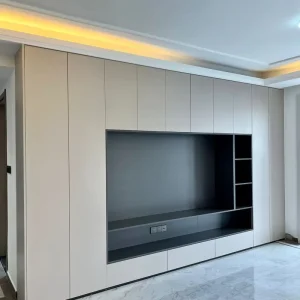 Contemporary Slatted TV Wall Cabinet with Floating Storage Console Open Shelves and LED Lighting for Italian Home Decor