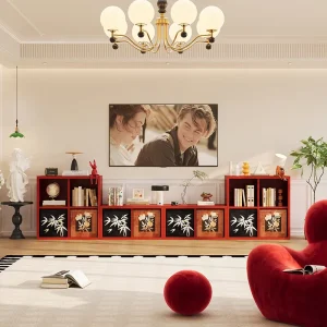 Contemporary Steel TV Cabinet with Open and Closed Compartments Red Color