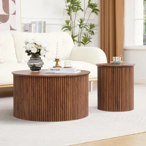 Contemporary Walnut Fluted Round Accent Table Set with Anti Scratch Base for Apartment