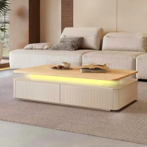 Contemporary White Eco Friendly Durable Coffee Table with LED Light Fluted Drawer Natural Color Top for Living Room