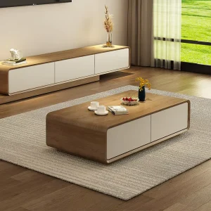 Contemporary Wood Coffee Table Set with Natural Wood Frame and Drawer