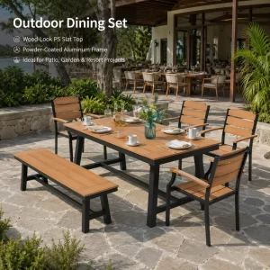 Contract Grade Outdoor Dining Set FLD1156 Aluminum Frame PS Wood Table Bench Chairs for Restaurant Resort Patio Projects