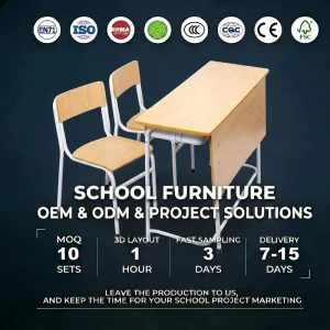 Contract Manufacturing Ergonomic Double Student Seating Solid Wood Metal Frame Storage Classroom Table and Chair Set Furniture