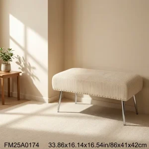 Corduroy Upholstered Entryway Bench with Silver Metal Legs Rivet Decor Rectangular Ottoman Modern Bedroom Stool Accent Bench