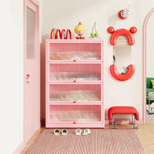 Corridor Metal Shoe Rack 4 layer Narrow Steel Shoe Rack with Dust proof Glass Door