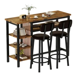 Counter Height Dining Set Rustic Bar Table 2 Upholstered Stools Storage Shelves Kitchen Breakfast Nook Pub Set Metal Material